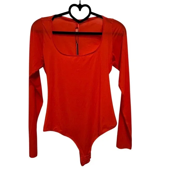 SKIMS Jelly Sheer Long Sleeve Bodysuit Poppy Square Neck XL - Picture 2 of 8